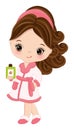 Vector Cute Little Spa Girl Wearing Robe. Vector Little Spa Girl