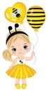 Cute Little Girl Wearing Bee Antenna Headband. Vector Bee Girl