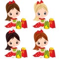 Vector Cute Little Girls with Christmas Gift Boxes Royalty Free Stock Photo