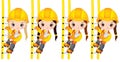 Vector Cute Little Girls Climbing up the Ladder and Holding Drawings. Vector Little Builders