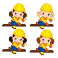 Vector Cute Little Girls Hammering Nails. Vector Little Builders