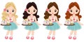 Vector Cute Little Girls Holding Trays with Tea Cups and Cupcakes