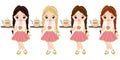 Vector Cute Little Girls Holding Trays with Tea Pots