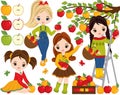 Vector Cute Little Girls Picking Apples in Orchard