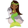 Vector Cute Little Mermaid Swimming with Fur Seal. Vector African American Mermaid