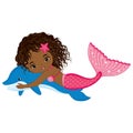 Vector Cute Little Mermaid Swimming with Dolphin. Vector African American Mermaid Royalty Free Stock Photo