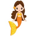 Vector Beautiful Mermaid with Orange Fishtail  and Long Hair. Vector Mermaid Royalty Free Stock Photo