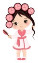 Vector Cute Little Spa Girl with Rollers and Hair Brush. Vector Spa Girl