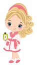 Vector Cute Little Spa Girl Wearing Robe. Vector Little Spa Girl