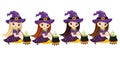 Vector Cute Little Witches Cooking Magic Potion in Cauldrons