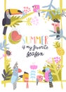 Cute magic frame composed of funny colorful exotic birds. Hello summer