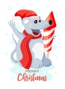 Vector Cute mouse dressed in Santa Hat with a huge firework isolated on white Royalty Free Stock Photo