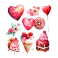 Vector cute objects and elements for Valentine's Day cards: flowers, heart, sweets, cake, key, candy, rose, lollipop