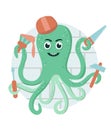 Vector cute octopus builder making repairs on brick wall background