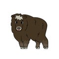 Vector cute outline cartoon Ovibos moschatus or fluffy standing muskox. Hand drawn doodle isolated illustration on white