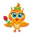 Vector cute owl. Cartoon character. Bird holding a rose flower.