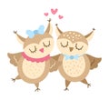 Vector cute owls pair. Loving couple illustration. Love relationship or family concept. Romantic birds isolated on white Royalty Free Stock Photo