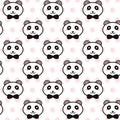 Vector cute pandas with black bows pattern on the pink polka dot background