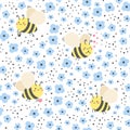 Vector cute pattern. Cute bees and blue daisies. Seamless pattern for children's products