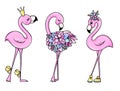 Vector cute Pink flamingos set with crown and flowers.