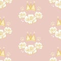 Vector Cute Princess Flower Crown on Dusty Pink seamless pattern background. Perfect for fabric, scrapbooking and