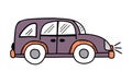 Vector cute purple car in doodle style on a white background, children`s illustration