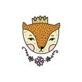 Vector cute queen fox face art and flowers.. Poster and banner element, children's book illustration and other Royalty Free Stock Photo