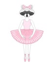 Vector cute raccoon girl in dress like ballerina. Royalty Free Stock Photo