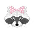 Vector cute raccoon girl portrait. Hand drawn pretty anthropomorphic animal cartoon illustration for t-shirt print, kids greeting Royalty Free Stock Photo