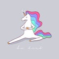 Vector cute rainbow unicorn in yoga asana.