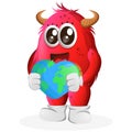 Vector_Cute red monster holding earth with love shape