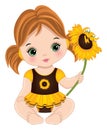 Vector Cute Redheaded Baby Girl with Sunflower