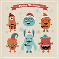 Vector Cute Retro Hipster Christmas Monsters Set Royalty Free Stock Photo