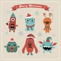 Vector Cute Retro Hipster Christmas Monsters Set Royalty Free Stock Photo