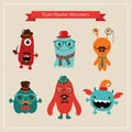 Vector Cute Retro Hipster Monsters Set Royalty Free Stock Photo