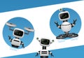 Vector cute robot character series flying vehicles with drone.