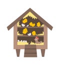 Vector cute roost icon with hatching chicks and hen inside. Funny perch illustration for kids. Farm or garden birds house isolated