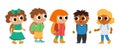 Vector cute schoolchildren with backpacks. Back to school character illustration. Boys and girls of different nationalities. Funny