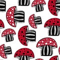 Vector cute seamless doodle amanita mushrooms background