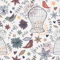 Vector cute seamless floral pattern with birds, cages, flowers, leaves and hearts Royalty Free Stock Photo