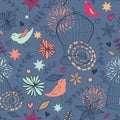 Vector cute seamless floral pattern with birds, cages, flowers, leaves and hearts Royalty Free Stock Photo