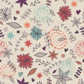Vector cute seamless floral pattern with flowers, leaves, hearts