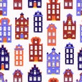 Vector cute seamless pattern with doodle traditional houses. Vector background of multi-colored facades of old buildings