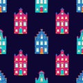 Vector cute seamless pattern with doodle traditional houses. Vector background of multi-colored facades of old buildings Royalty Free Stock Photo