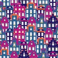 Vector cute seamless pattern with doodle traditional houses. Vector background of multi-colored facades of old buildings Royalty Free Stock Photo