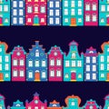 Vector cute seamless pattern with doodle traditional houses. Vector background of multi-colored facades of old buildings Royalty Free Stock Photo