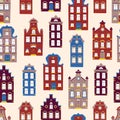 Vector cute seamless pattern with doodle traditional houses. Vector background of multi-colored facades of old buildings Royalty Free Stock Photo