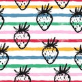 Vector cute seamless pattern with hand drawn strawberries on decorative paint stripes.