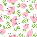 Vector cute seamless pattern with pink spring flowers and green leaves. Royalty Free Stock Photo