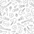 Vector cute seamless pattern Princes magic accessories: Crown, unicorn, magic wand, ice cream, diamond ring, star. The fantasy wor